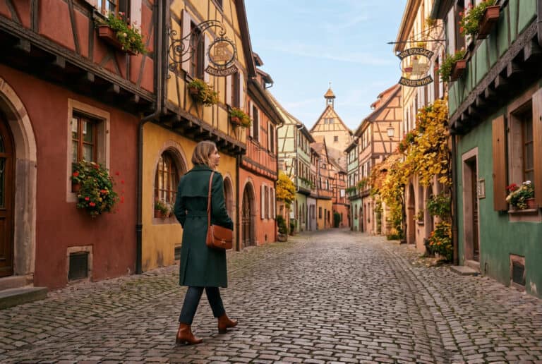 Woman in deep forest green wool coat dark charcoal trousers and cognac ankle boots walking through the half-timbered village of Riquewihr in Alsace on a clear autumn morning
