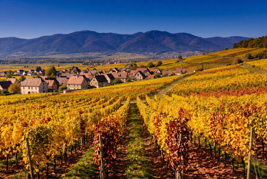 Rows of Alsace wine route vines in vivid gold deep rust red and warm amber autumn colour on a gently sloping hillside with red Alsatian soil a pale stone village nestled in the valley below and the deep blue-purple Vosges mountains rising in the far distance under a cobalt blue sky