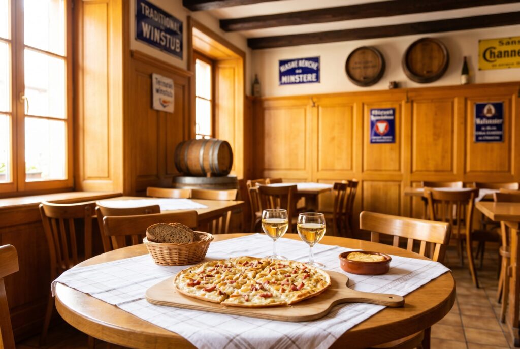 Traditional Alsatian winstub interior with a round wooden table holding a tarte flambée with crème fraîche caramelised onions and lardons two glasses of pale golden Riesling wine dark rye bread and a ceramic dish of munster cheese with warm honey-coloured oak panelling and wooden beams in the background