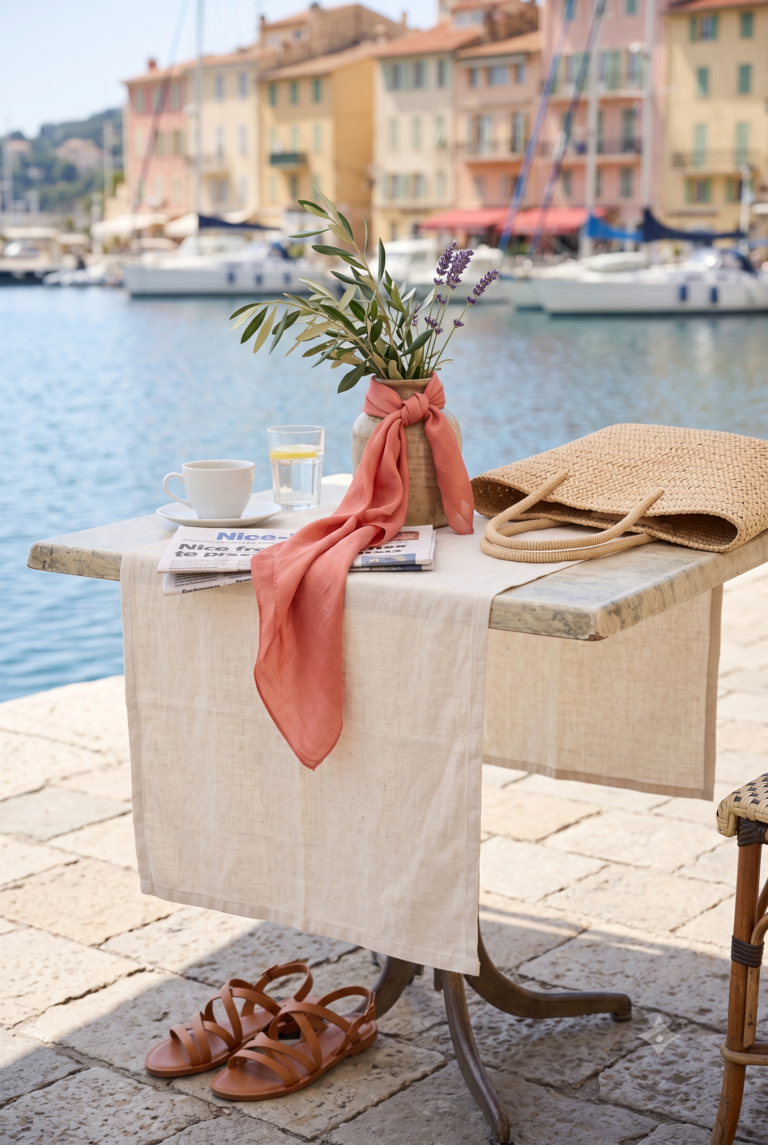 A pair of strappy flat leather sandals resting on cobblestones next to an outdoor stone table set with a woven straw tote bag, a terracotta silk scarf, a coffee cup, and a glass of water overlooking a Mediterranean harbor.