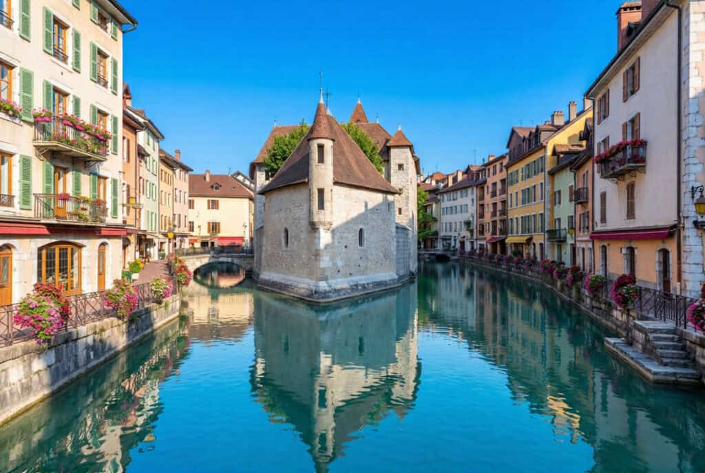The 12th-century Palais de l'Isle island building in the Thiou river canal in Annecy old town with extraordinary turquoise-blue water pale grey stone walls rising from the canal and colourful medieval building facades in pale cream soft yellow and terracotta with pink and red geranium balconies on both canal banks