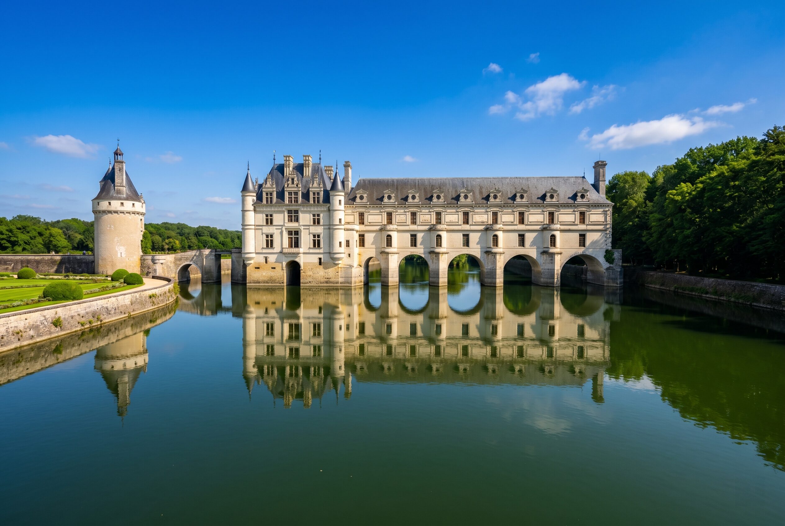 Château de Chenonceau in the Loire Valley France spanning the River Cher with the pale golden limestone five-arched bridge and long gallery wing reflected perfectly in the deep green river water with formal Renaissance gardens on both banks and cobalt blue sky above