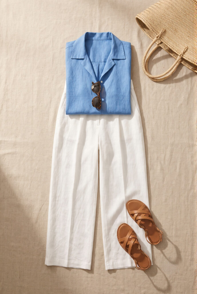 French Riviera outfit layout flat lay with white linen wide-leg trouser, Côte d'Azur blue linen shirt, tan leather sandals, straw tote, and polarised sunglasses