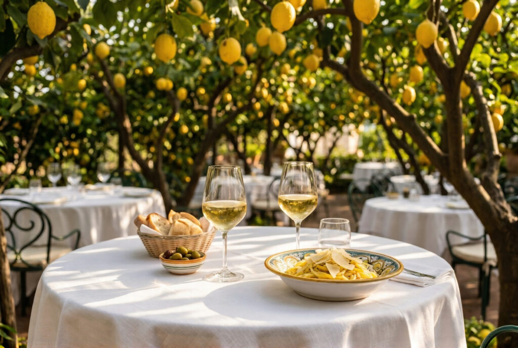 Dinner table at Da Paolino restaurant in Capri under a canopy of vivid yellow lemon trees with two glasses of pale golden white wine a ceramic bowl of pasta al limone bread and olives on a white linen tablecloth in warm dappled evening light