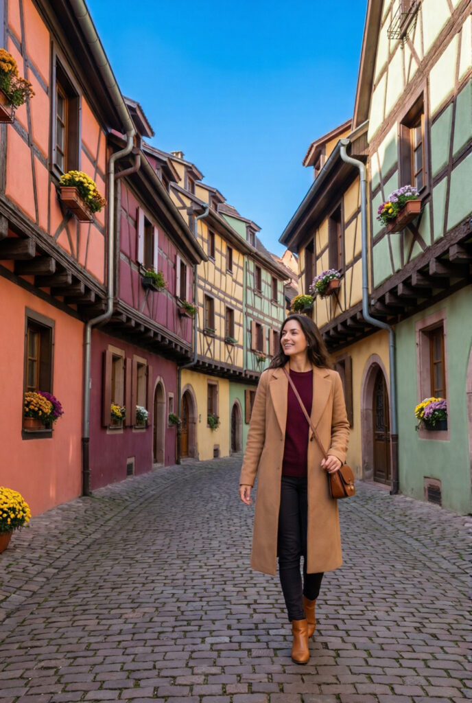 Stylish woman in camel wool coat and burgundy fine-knit sweater walking through the circular cobblestone street of Eguisheim on the Alsace Wine Route with perfectly preserved half-timbered houses in vivid coral pink deep burgundy red pale mustard yellow and sage green curving away in both directions
