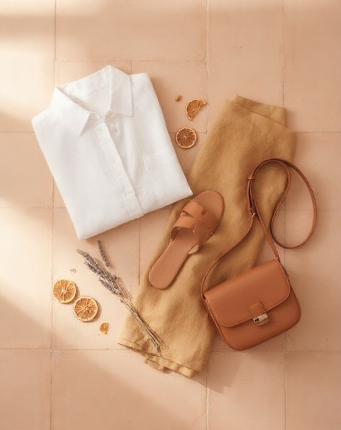 Flat lay of white linen, ochre fabric, leather sandal and cognac bag on terracotta tiles