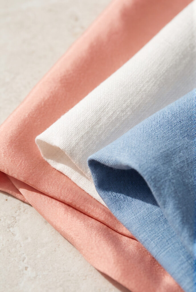 Close-up of white linen, Côte d'Azur blue linen, and faded coral silk fabric swatches for the French Riviera capsule wardrobe