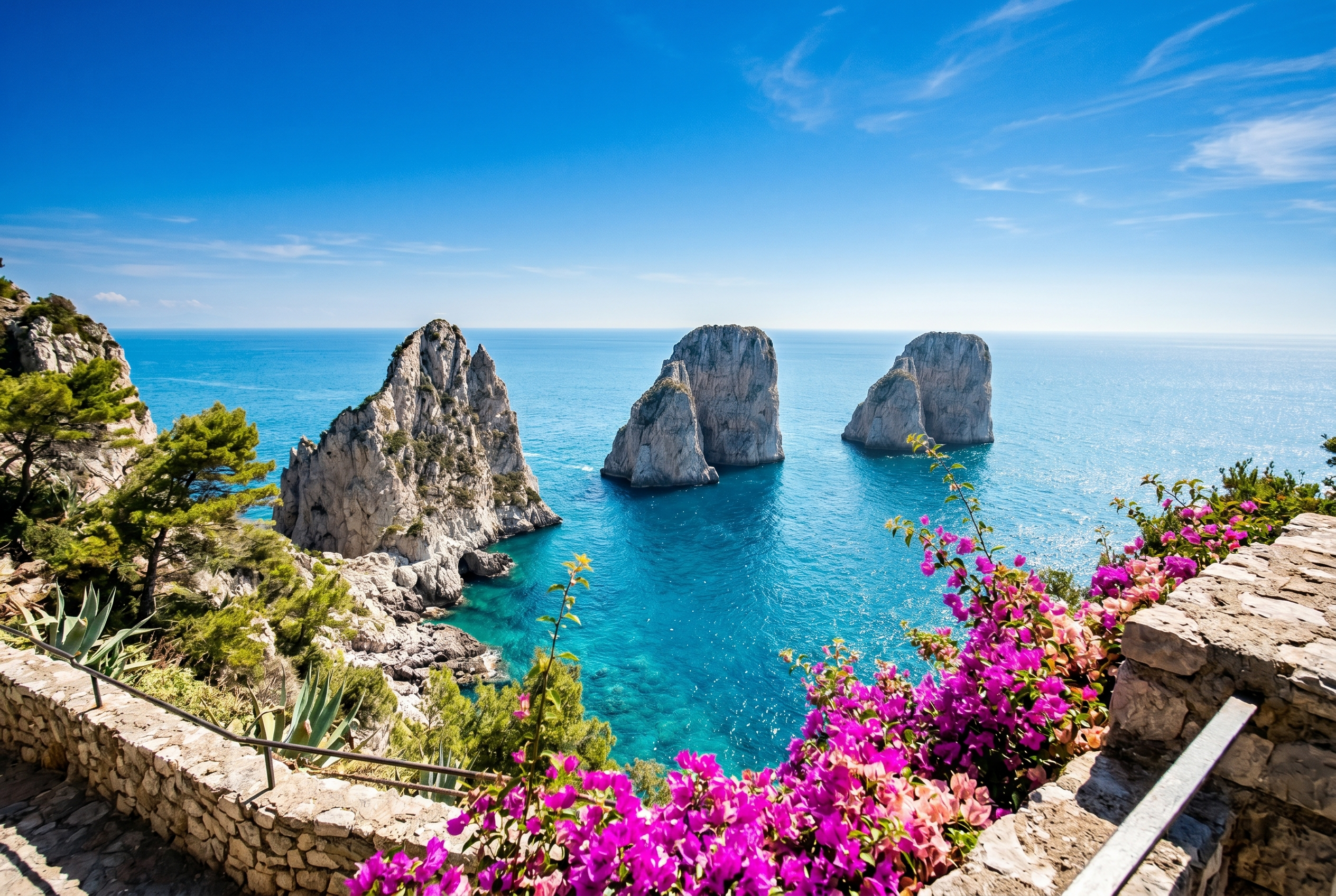The three pale grey-white Faraglioni limestone rock stacks rising from the extraordinary aquamarine Tyrrhenian Sea seen from the Belvedere di Tragara viewpoint on Capri with vivid bougainvillea magenta in the clifftop foreground and a deep cobalt blue sky