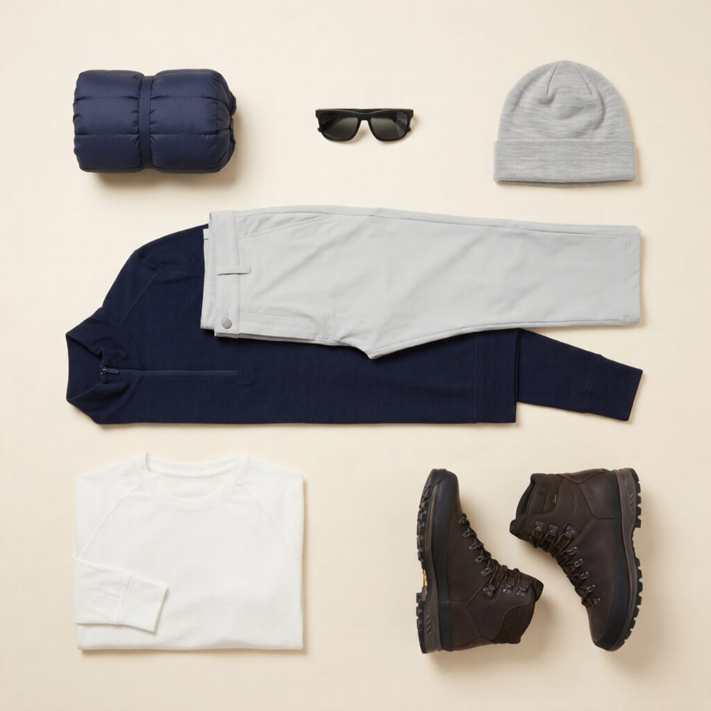 Summer hiking capsule flat lay with glacier white merino base layer alpine navy mid-layer glacier grey trouser and trail boot