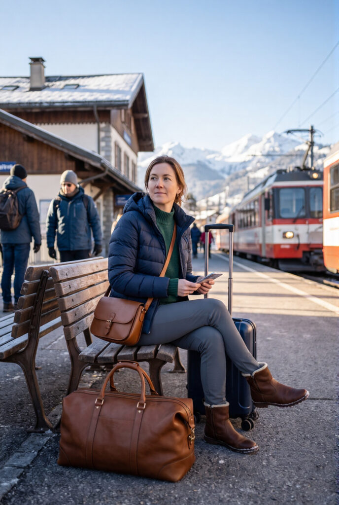 A woman sitting on a wooden bench on the Chamonix railway station platform waiting for the Mont-Blanc Express, wearing a pine green merino sweater, navy down vest, and technical trousers, with a red train cabin in the background.