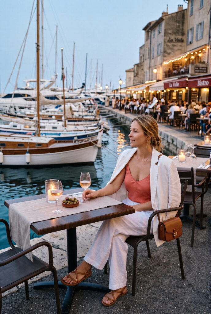 A woman dining at an outdoor harbor restaurant at dusk, wearing a white blazer and a coral top with a glass of rosé wine.