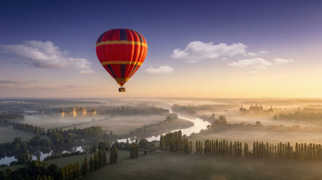 Vivid red and gold hot air balloon floating above the Loire Valley at dawn with the sky transitioning from deep indigo to warm gold at the horizon and pale golden Loire château silhouettes the silver Loire river and dark poplar tree rows visible in the misty landscape below