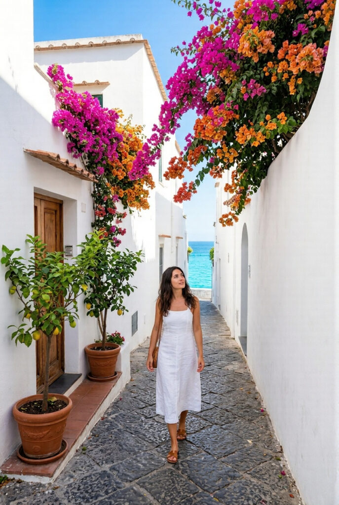 Stylish woman in white linen midi dress walking along a narrow whitewashed lane in Capri town with vivid bougainvillea magenta pink and orange cascading over the walls above terracotta lemon tree pots by a doorway and the aquamarine sea glimpsed at the far end