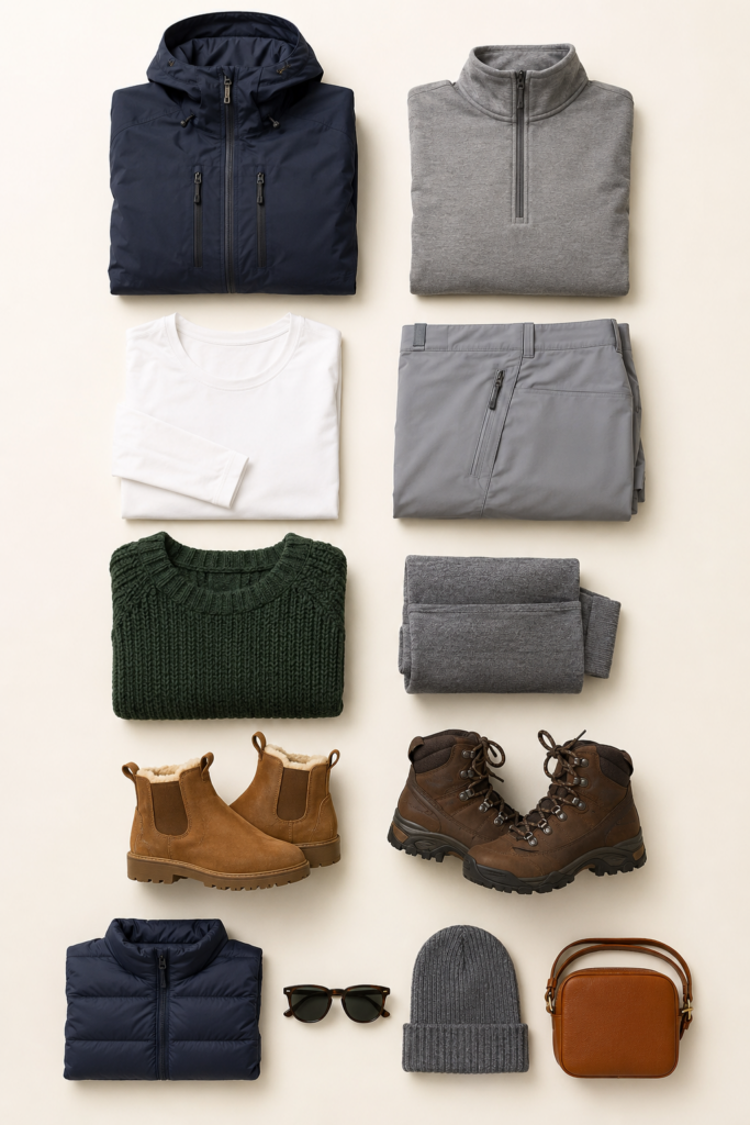 French Alps capsule wardrobe flat lay product grid with 12 pieces on cream background including navy waterproof shell jacket grey merino mid-layer white base layer grey technical trouser pine green chunky knit cognac shearling boots trail hiking boots packable down gilet sunglasses merino hat and cognac crossbody bag