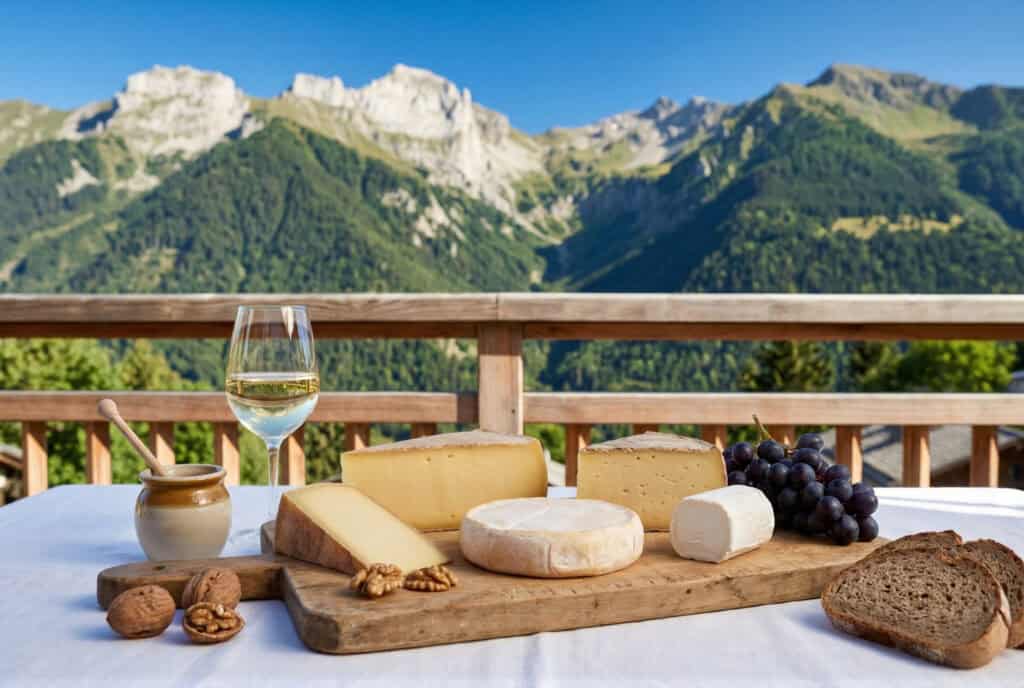Traditional Savoyard cheese board on an outdoor alpine restaurant table with Beaufort Reblochon Tome de Savoie and fresh goat's cheese a glass of pale Savoie white wine mountain honey dark grapes and rye bread with the French Alps mountain view of deep pine green slopes and grey-white peaks against cobalt sky in the background