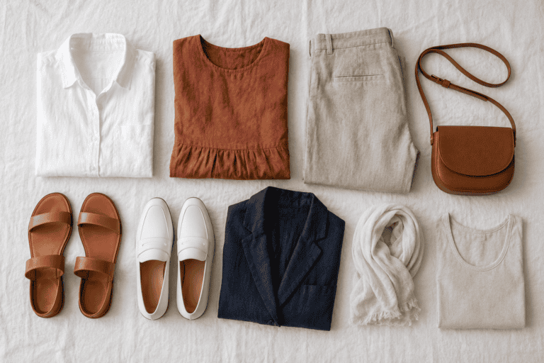 Flat lay of a Spain capsule wardrobe including linen shirt, terracotta dress, leather sandals and cognac crossbody bag