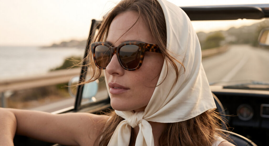 A woman wearing classic tortoiseshell sunglasses and an ivory silk headscarf tied around her hair, sitting in a vintage car along the French Riviera coast.