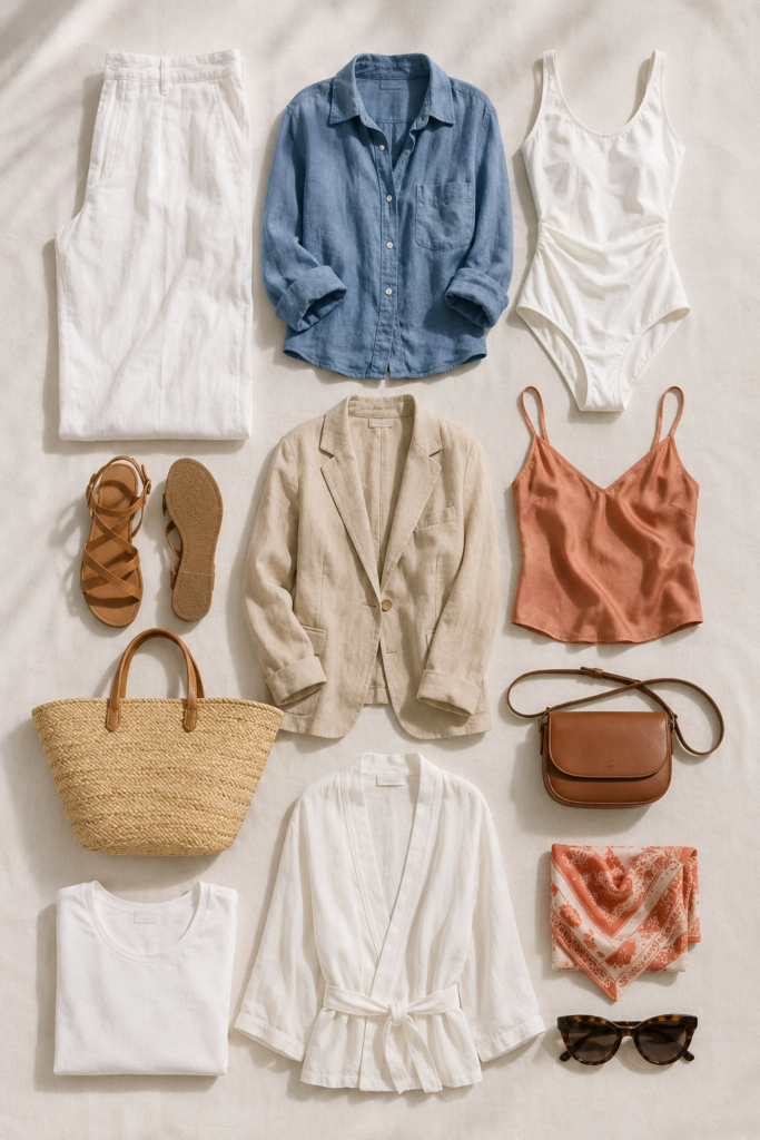 French Riviera capsule wardrobe shop the look flat lay with white linen wide-leg trouser, Côte d'Azur blue linen shirt, white swimsuit, tan leather sandals, sand linen blazer, faded coral silk camisole, straw tote, cognac crossbody, white cotton T-shirt, linen kimono, terracotta silk scarf, and polarised sunglasses