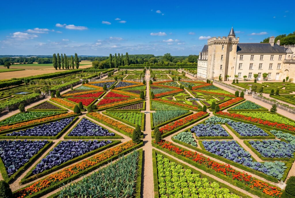 Aerial view of the formal Renaissance kitchen garden at Château de Villandry in the Loire Valley with perfectly geometric beds of deep purple cabbages bright orange and red flowers and vivid green vegetables in intricate patterns and the pale golden limestone château visible at the upper right under a cobalt blue sky