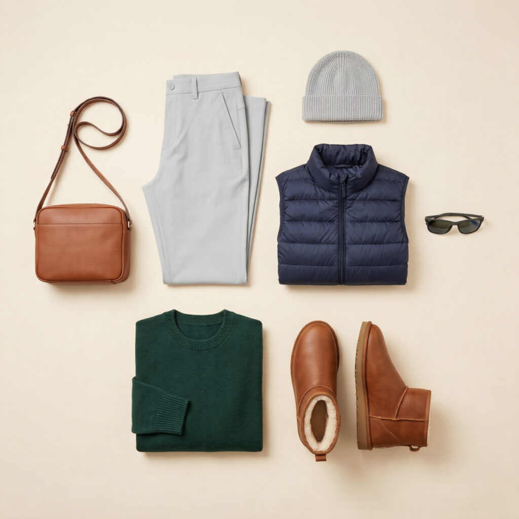Winter après-ski capsule flat lay with pine green cashmere knit cognac shearling boot glacier grey trouser and navy down gilet