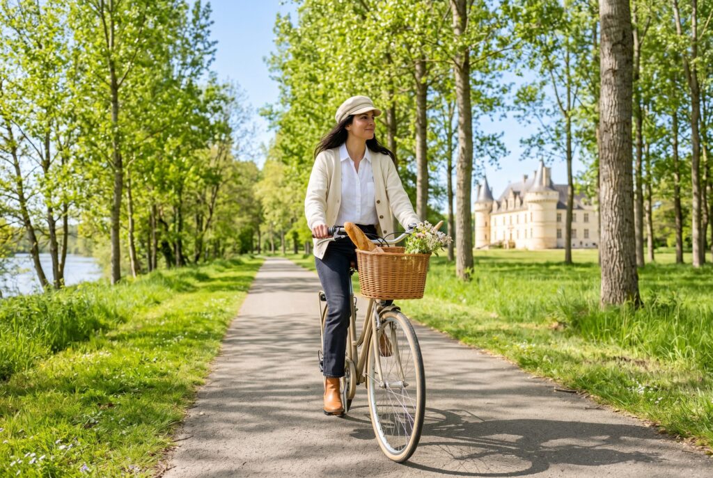 Stylish woman in cream linen cardigan and white linen shirt cycling along the Loire à Vélo flat cycling path in bright spring morning light with bright green poplar trees and meadows on both sides and a pale golden limestone Loire château visible through the trees in the middle distance