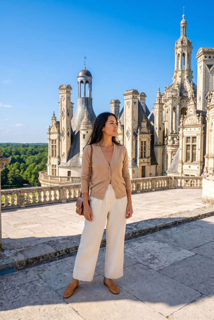 Stylish woman in cream linen trousers and camel cardigan standing on the extraordinary rooftop terrace of Château de Chambord in the Loire Valley surrounded by dozens of ornate pale golden limestone chimneys turrets and lantern towers against a deep cobalt blue sky
