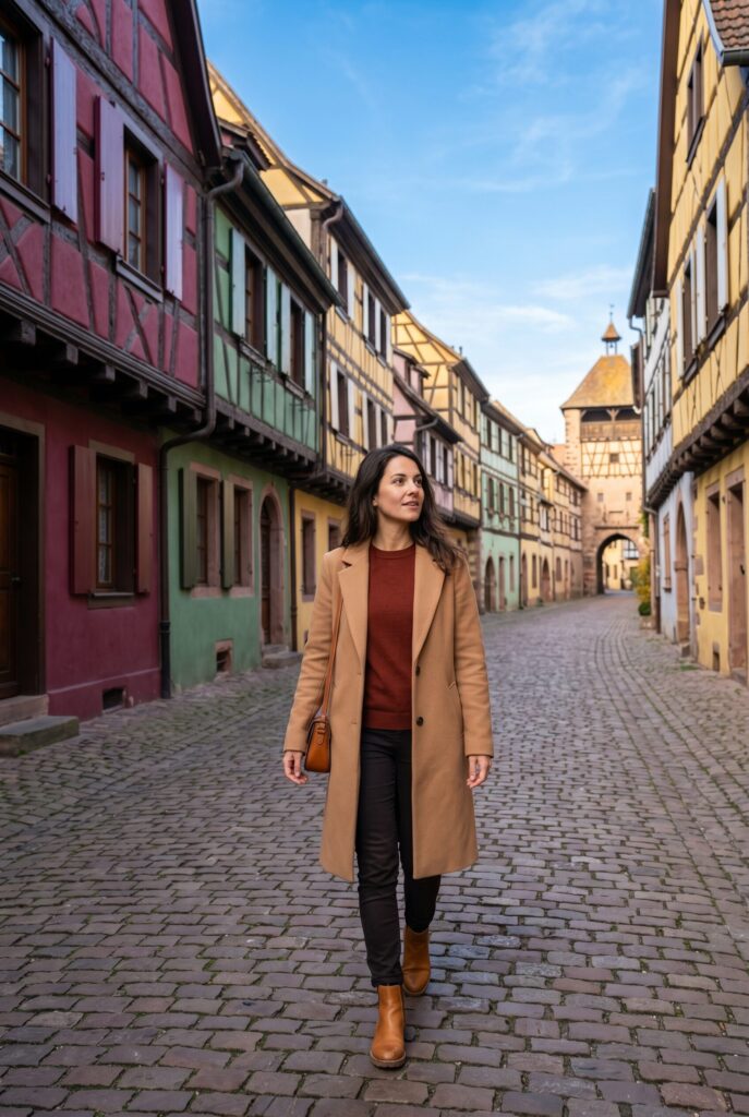 Stylish woman in long camel wool coat and deep rust fine-knit sweater walking through the main street of Riquewihr on the Alsace Wine Route with vivid 15th and 16th-century half-timbered facades in deep burgundy red forest green and mustard yellow and a medieval fortified gate at the far end