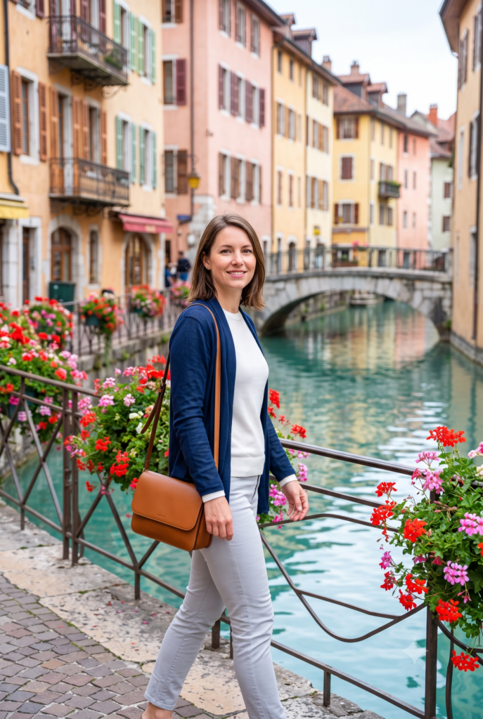 A woman standing by a flower-lined canal in Annecy's old town, wearing a glacier white knit top and alpine navy layer, with historic pastel shutters and canal water in the background.