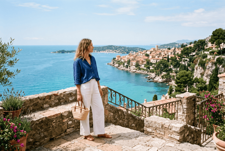 A woman in a blue linen shirt and white wide-leg trousers standing on a stone terrace overlooking the Mediterranean Sea and a coastal town on the French Riviera.