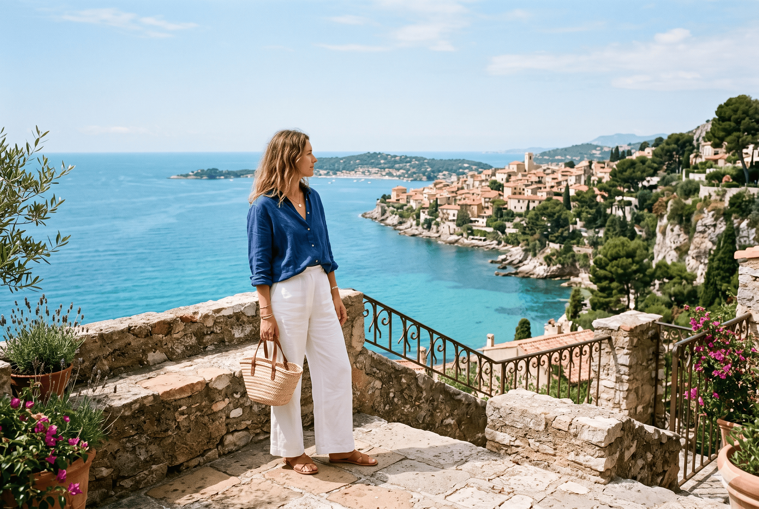A woman in a blue linen shirt and white wide-leg trousers standing on a stone terrace overlooking the Mediterranean Sea and a coastal town on the French Riviera.