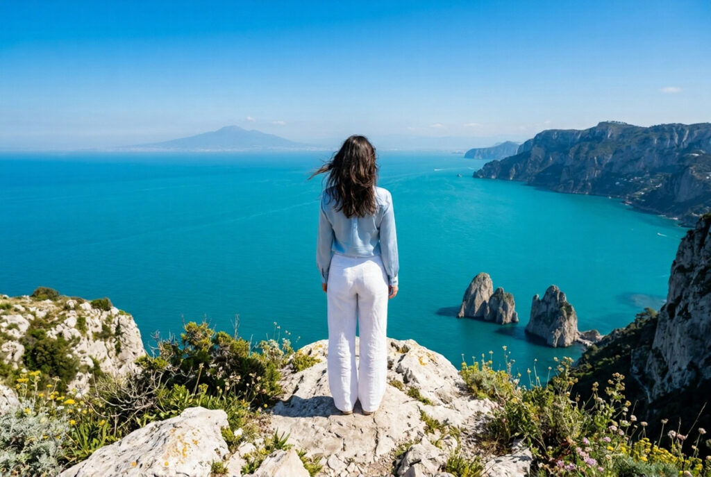 Woman in pale blue silk blouse and white linen trousers standing at the Monte Solaro summit viewpoint at 589 metres above Anacapri looking out at the panoramic view of the Bay of Naples with the deep aquamarine sea the Faraglioni rocks far below and the Amalfi Coast on the mainland horizon