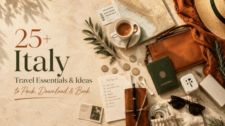 25+ Italy travel essentials flat lay with espresso, passport, train ticket, and packing list