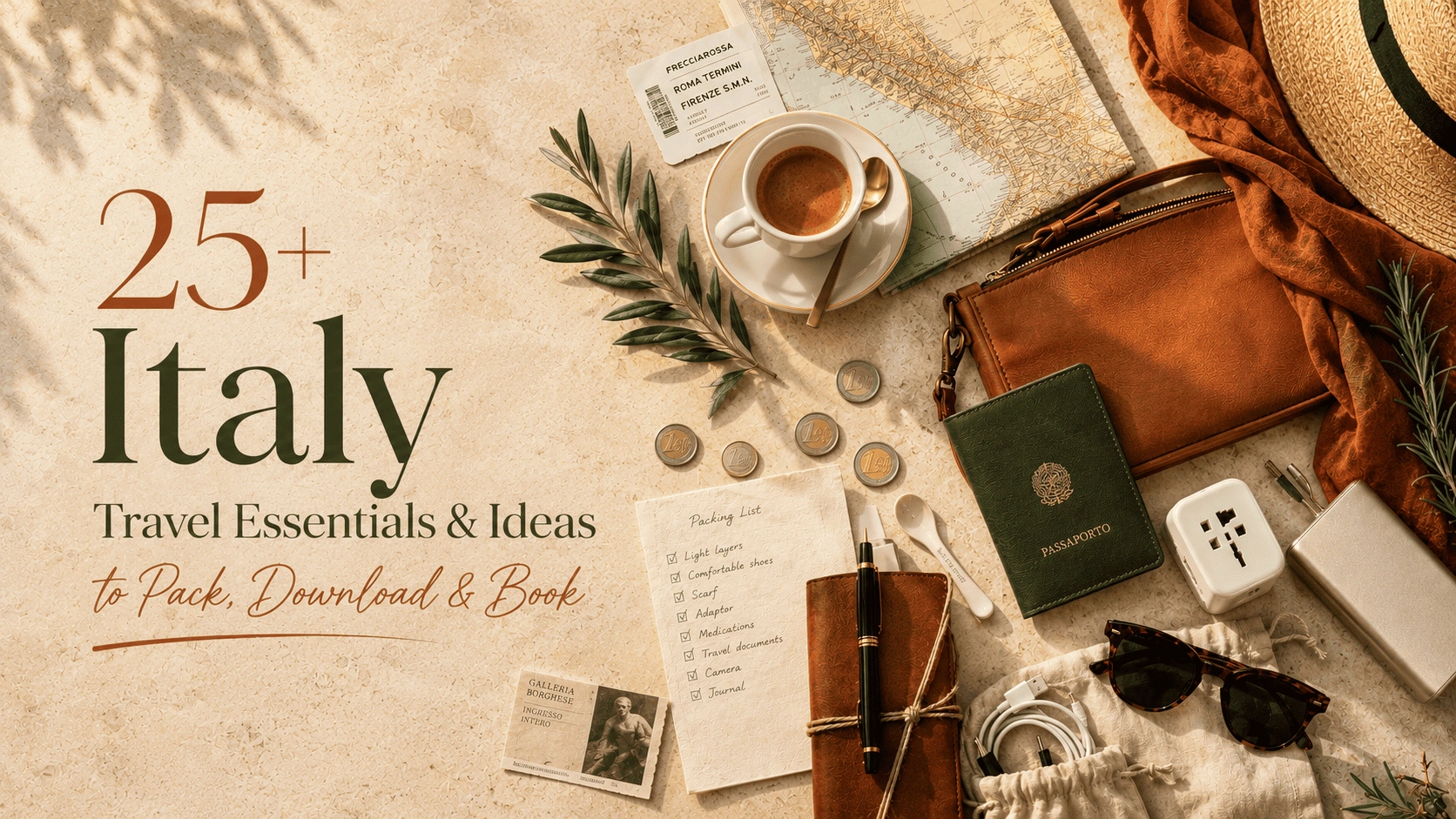 25+ Italy travel essentials flat lay with espresso, passport, train ticket, and packing list