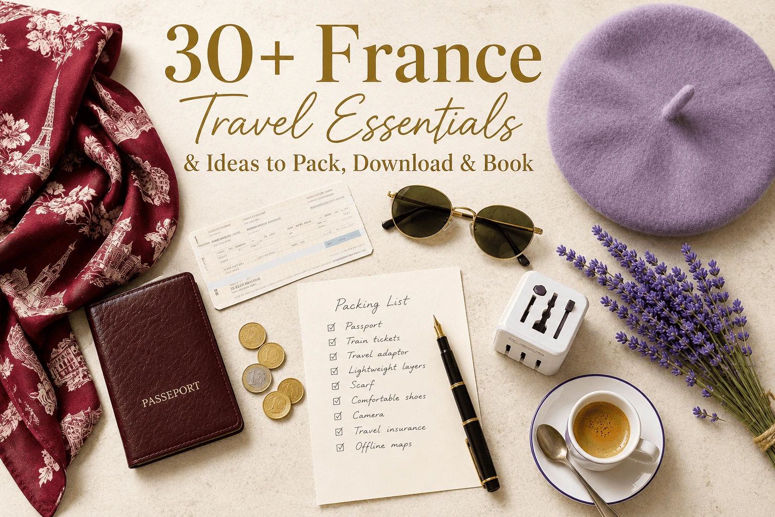 Flat lay of France travel essentials including passport holder, beret, and train ticket on a brass desk