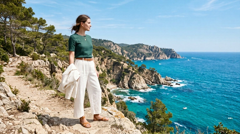 Woman in deep pine green linen top and bleached white wide-leg trousers on a Costa Brava limestone cliff path above vivid turquoise Mediterranean coves