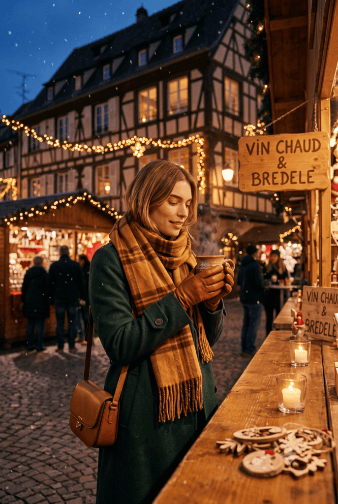 Woman in forest green wool coat ochre plaid scarf and cognac ankle boots holding a cup of mulled wine at a Strasbourg Christmas market with amber lights and half-timbered buildings behind her