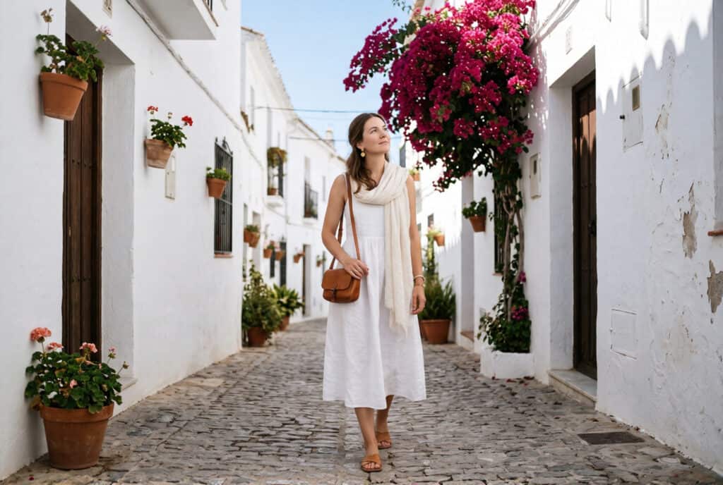 Woman in white cotton linen midi dress flat leather sandals and cognac crossbody bag standing in a whitewashed Andalusian street with bougainvillea in bright morning light