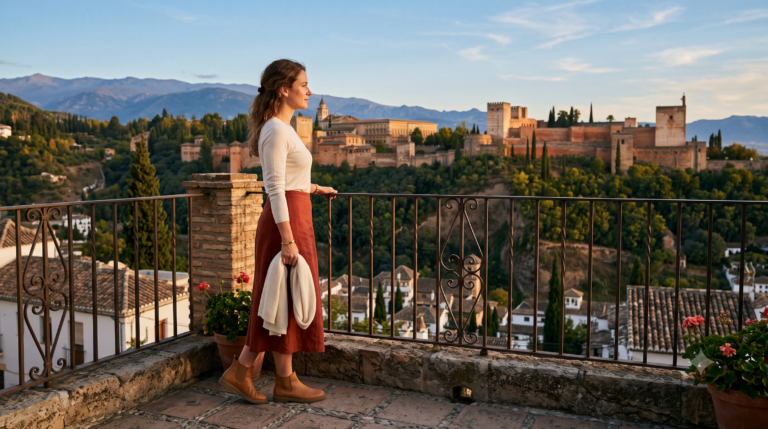Woman in rust red linen skirt and ivory merino top on a Granada mirador terrace with the Alhambra and Sierra Nevada in the background
