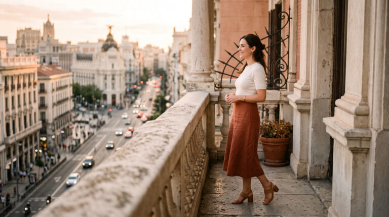 Woman in terracotta linen skirt and ivory top on a Madrid balcony overlooking the Gran V&iacute;a at golden hour