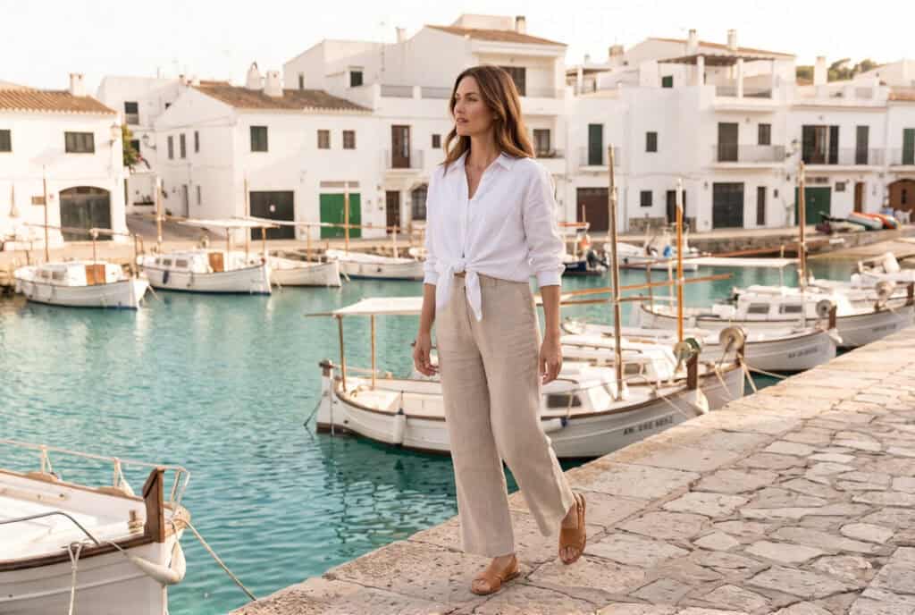 Woman in stone wide-leg linen trousers and white linen shirt tied at the front walking along a Balearic island harbour wall with turquoise water and whitewashed buildings behind her