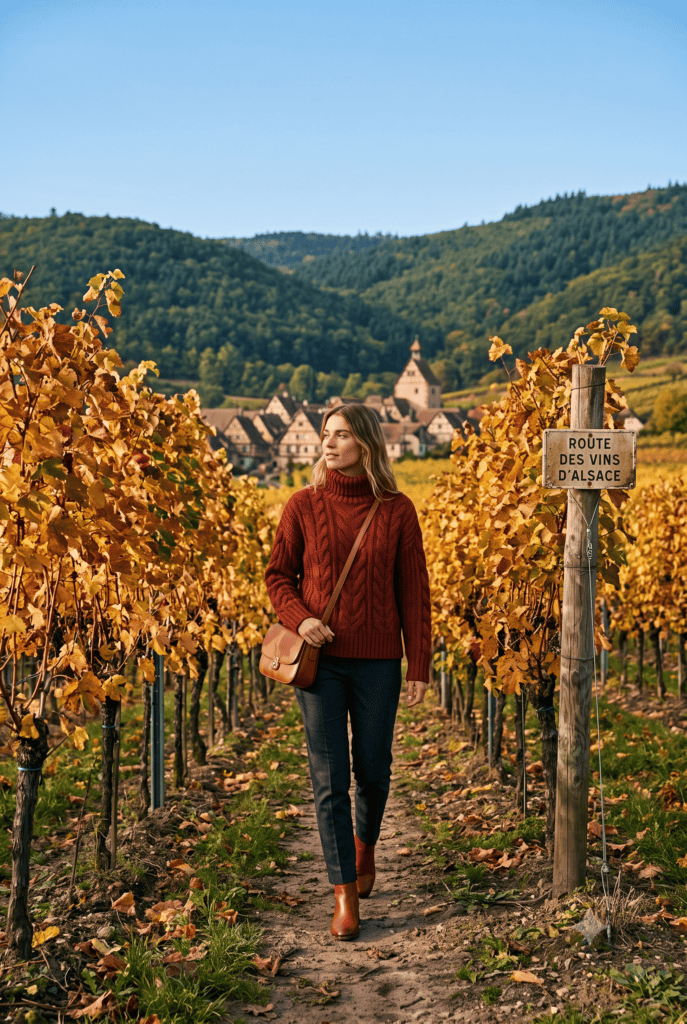 Woman in chunky timber red cable-knit turtleneck dark charcoal trousers and cognac ankle boots walking along an Alsace vineyard path in autumn with gold vines and the Vosges hills behind her