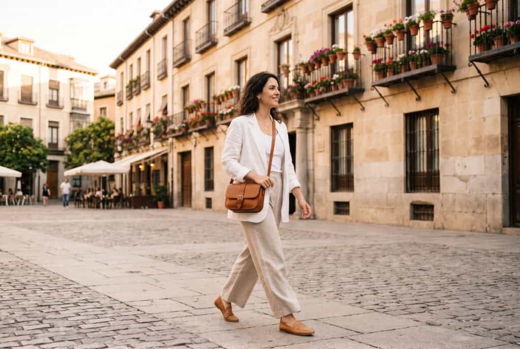 Woman in white linen blazer stone wide-leg trousers and tan leather loafers walking through a Madrid plaza with wrought-iron balcony buildings in warm late-afternoon light