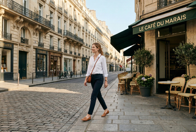 Woman in slim dark navy trousers white cotton shirt and tan leather loafers walking past a Parisian caf&eacute; terrace in the Marais with Haussmann stone buildings in soft morning light