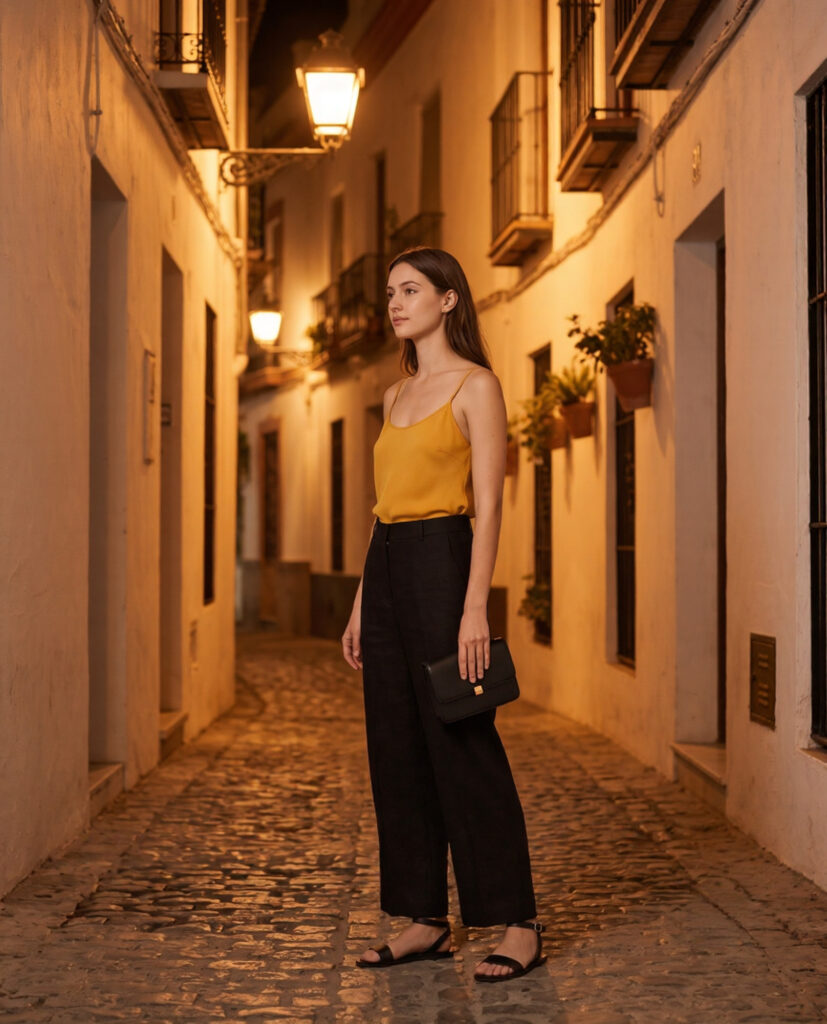 Young woman in black wide-leg linen trousers and saffron yellow silk camisole on a lantern-lit lane in the Santa Cruz neighbourhood of Seville at night