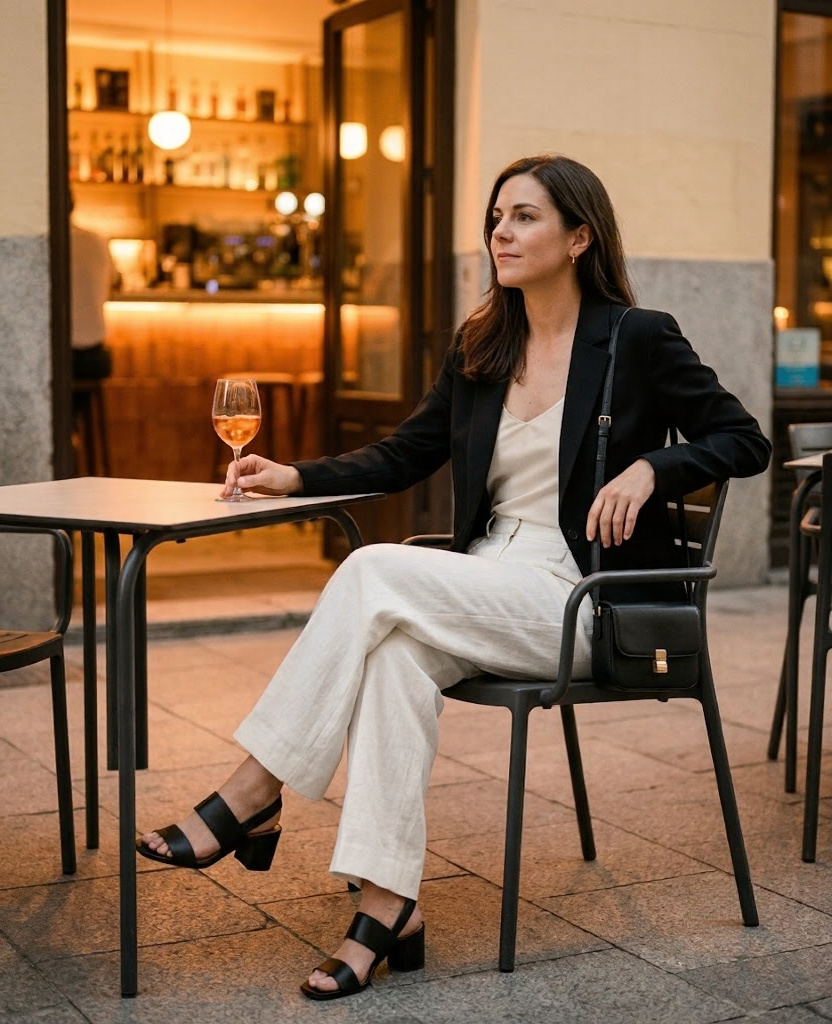 Young woman in fitted black blazer and ivory wide-leg linen trousers at a terrace bar in Chueca, Madrid, at evening