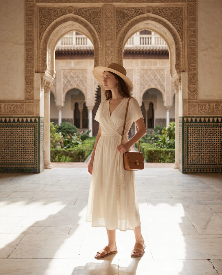 Woman in ivory cotton voile wrap dress and wide-brim straw hat in the sunlit courtyard of the Real Alcazar in Seville with orange trees and carved stone archways