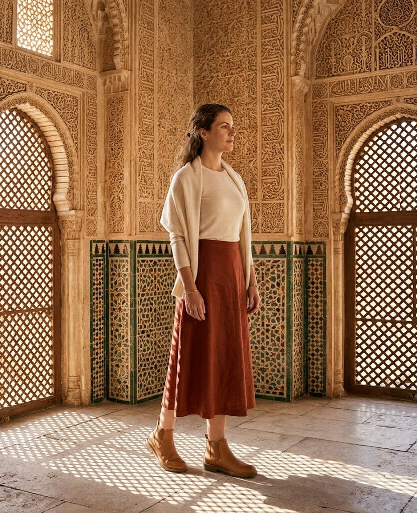 Young woman in rust red linen midi skirt and ivory merino top inside the Nasrid Palaces of the Alhambra in Granada