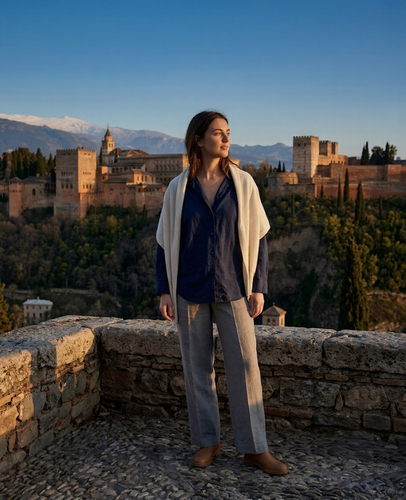Young woman in sierra grey wide-leg linen trousers and indigo cotton shirt at the Mirador de San Nicolas in Granada with the Alhambra in golden light behind her