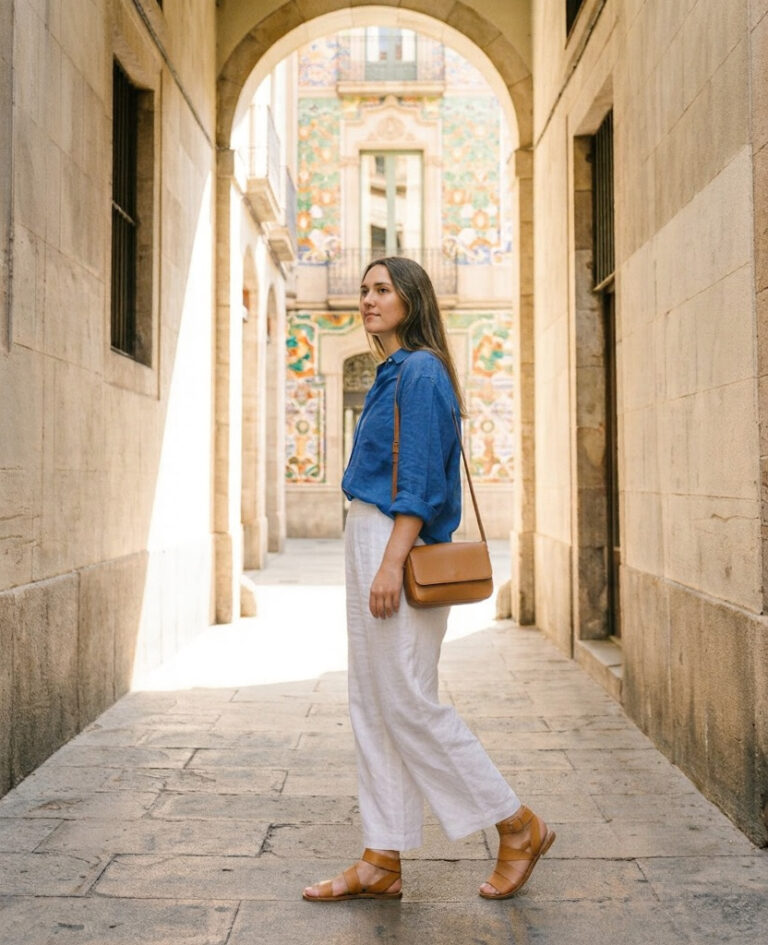 A woman in white linen trousers walks alone through a narrow, stone Gothic Quarter lane in Barcelona.