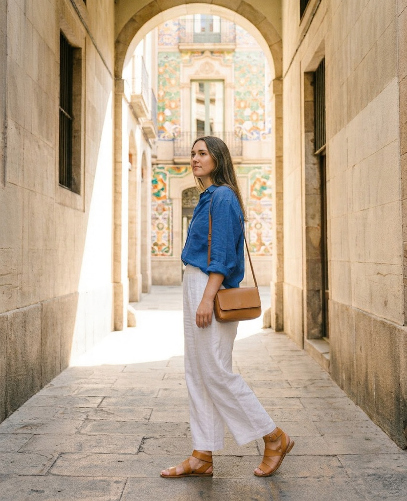 A woman in white linen trousers walks alone through a narrow, stone Gothic Quarter lane in Barcelona.